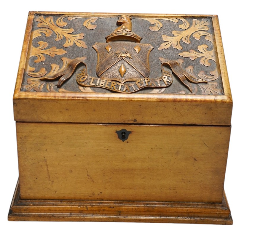 A Victorian carved fruitwood stationery box, 25cm tall. Condition - poor to fair